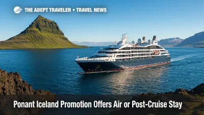 A Ponant expedition cruise yacht passes Iceland's Kirkjufell under clear skies, promoting the Ponant Iceland promotion with scenic coastal views.