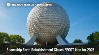 Spaceship Earth with entrance planters and closure signs at EPCOT during multi-month Spaceship Earth refurbishment in late 2025.
