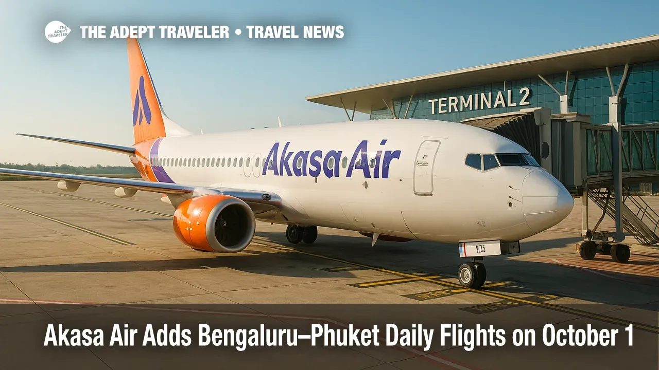 Akasa Air 737 at Bengaluru Terminal 2 readying for the new daily Bengaluru to Phuket flight, with aircraft at gate under clear skies.