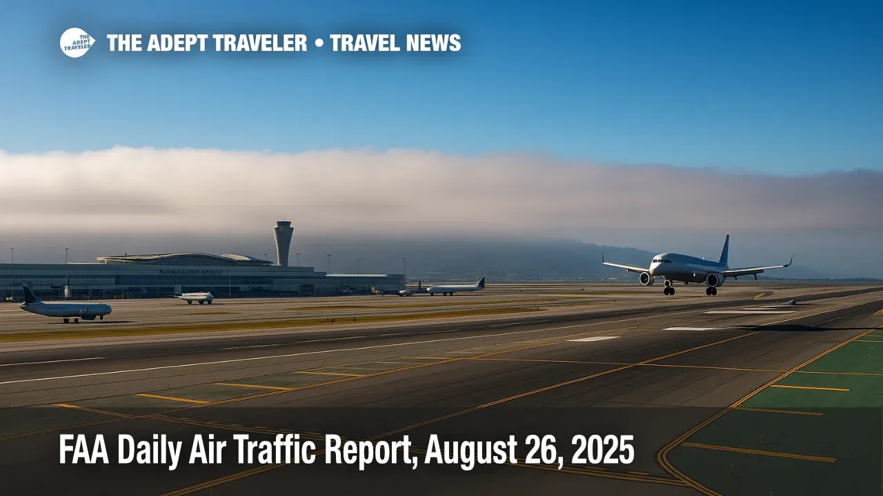 Low clouds linger over San Francisco International Airport taxiways as arrivals space out, a common trigger in the FAA daily air traffic report.
