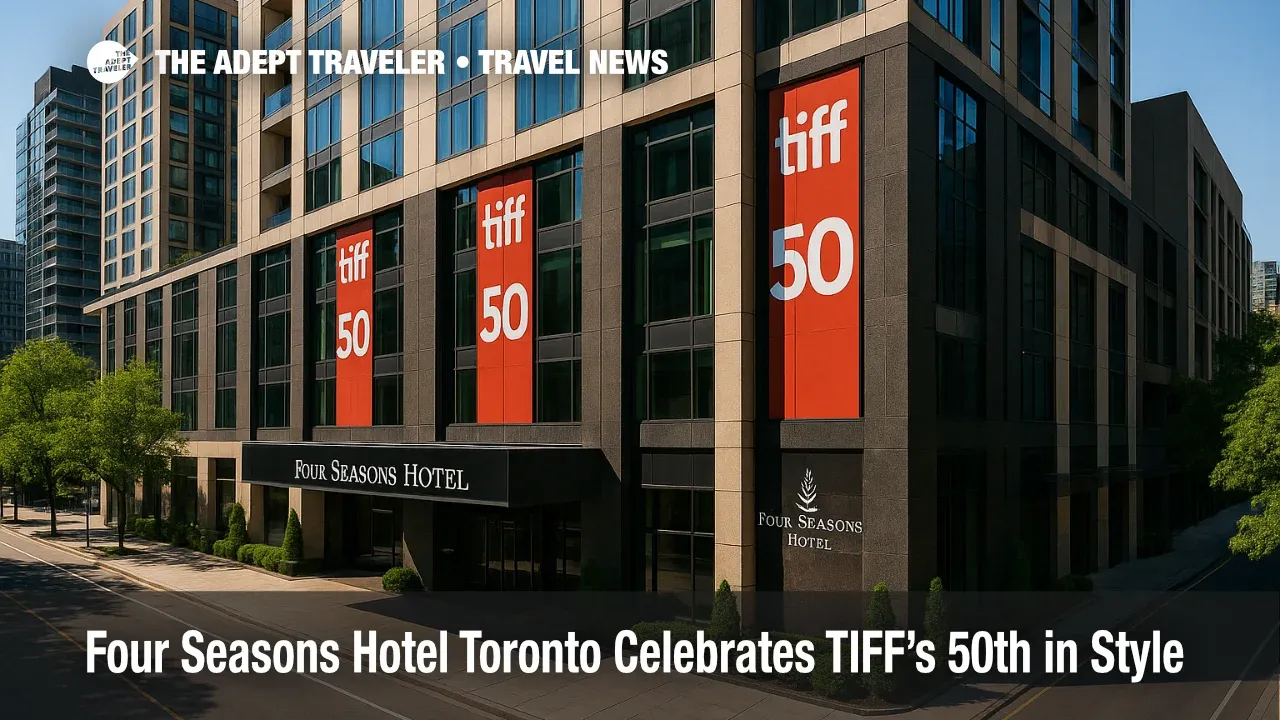 Exterior of Four Seasons Hotel Toronto in Yorkville with TIFF 50th décor, highlighting luxury hospitality during the Toronto International Film Festival.