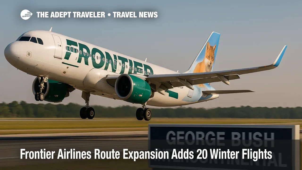 Frontier Airlines A320neo departing Houston as part of a winter route expansion with cheap flights across Latin America and the Caribbean.