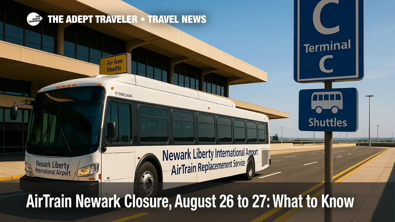 A shuttle bus at EWR Terminal C curb replaces AirTrain service during the AirTrain Newark closure, with clear wayfinding signs visible.
