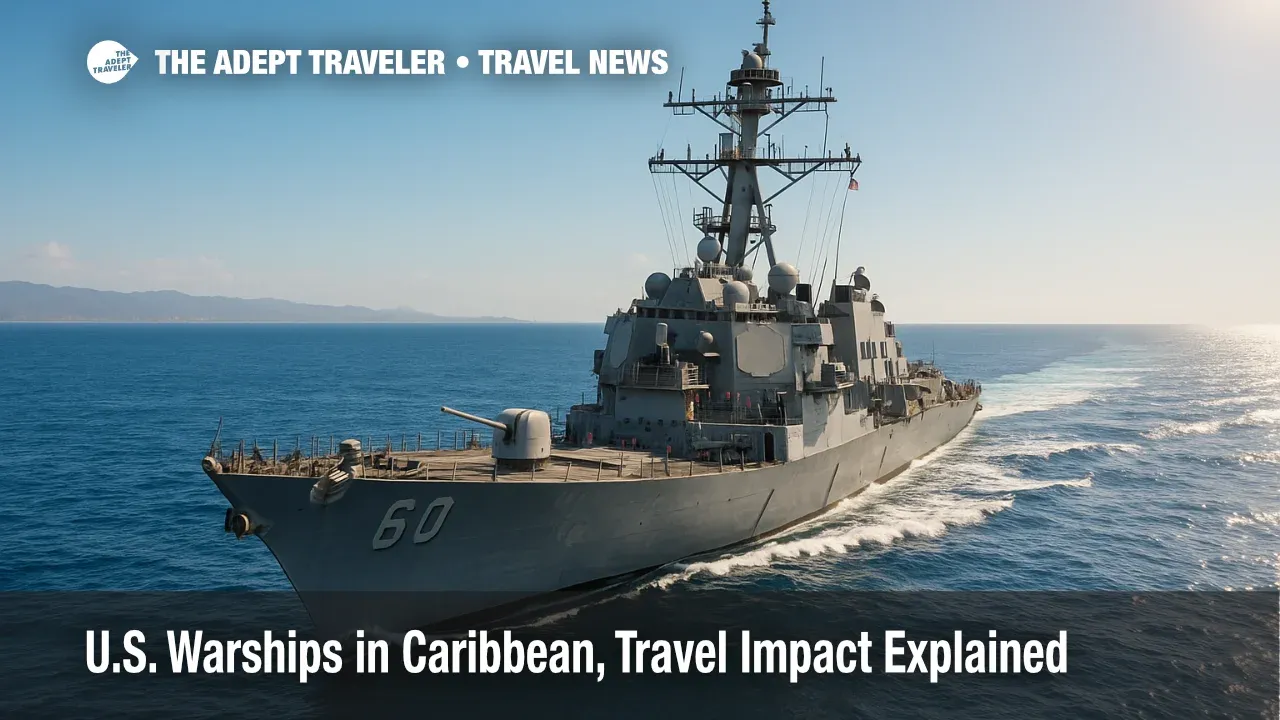 A U.S. Navy destroyer patrols calm Caribbean waters near Venezuela, illustrating security tensions and potential Caribbean travel impact.