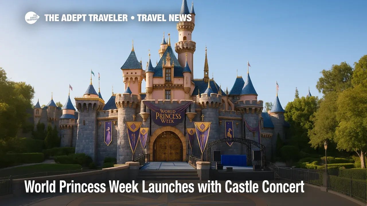 Sleeping Beauty Castle dressed for World Princess Week, banners and stage truss hint at a Disney Princess concert in bright morning light.