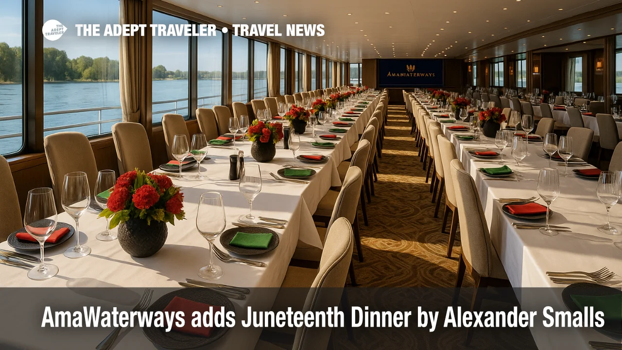 AmaWaterways dining room prepared for a Juneteenth dinner curated by Chef Alexander Smalls on a Soulful Experience cruise.