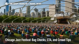 A wide view of Millennium Park's Jay Pritzker Pavilion during the Chicago Jazz Festival, showing a busy Great Lawn and stage architecture.