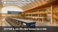 A bright, modern New Terminal One check-in hall at JFK shows expanded space and amenities for EGYPTAIR and other long-haul carriers.