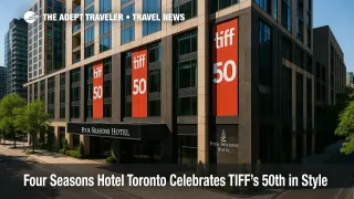Exterior of Four Seasons Hotel Toronto in Yorkville with TIFF 50th décor, highlighting luxury hospitality during the Toronto International Film Festival.