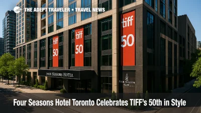 Exterior of Four Seasons Hotel Toronto in Yorkville with TIFF 50th décor, highlighting luxury hospitality during the Toronto International Film Festival.