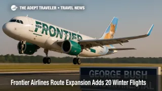 Frontier Airlines A320neo departing Houston as part of a winter route expansion with cheap flights across Latin America and the Caribbean.