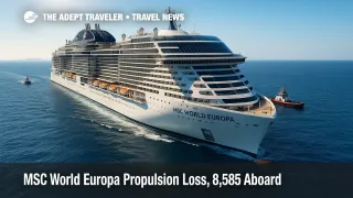 MSC World Europa drifts off Ponza under clear skies after a propulsion issue, with tugs nearby, during a Western Mediterranean itinerary.