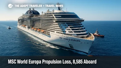MSC World Europa drifts off Ponza under clear skies after a propulsion issue, with tugs nearby, during a Western Mediterranean itinerary.