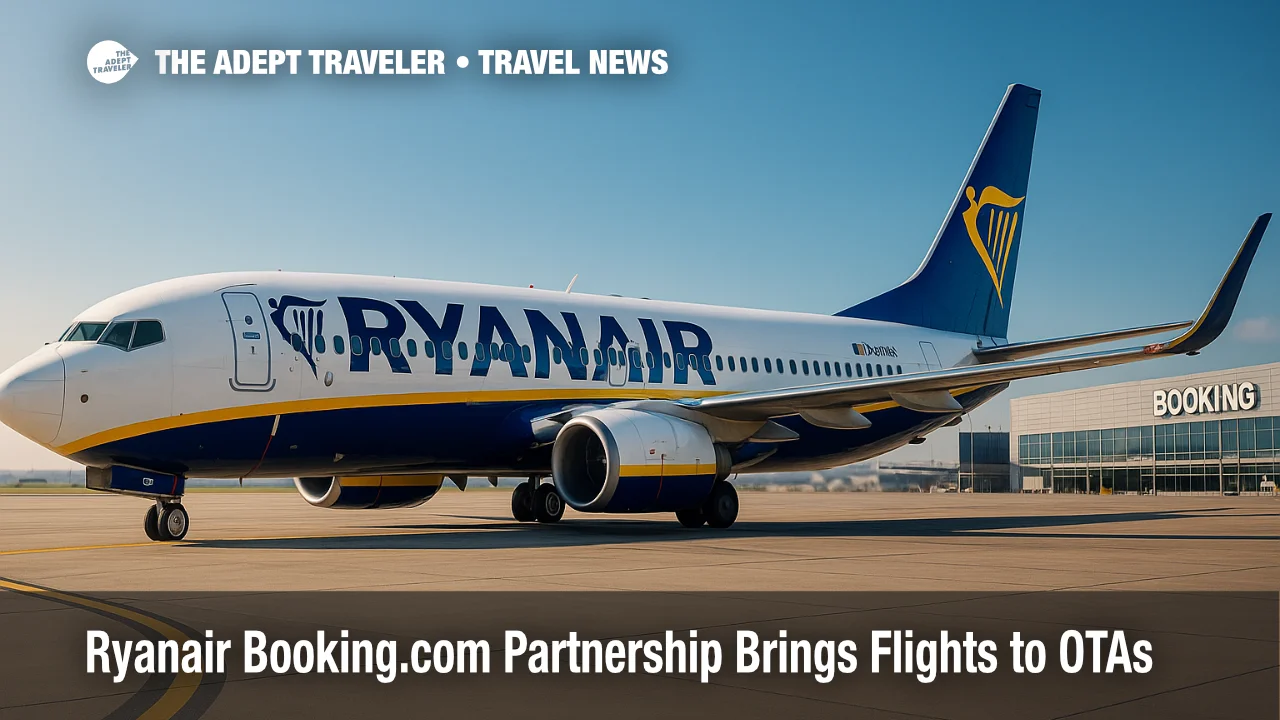 A Ryanair 737 sits at the gate with a terminal backdrop, illustrating the Ryanair Booking.com partnership and expanded OTA distribution across Europe.