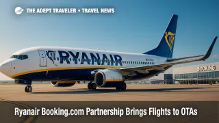 A Ryanair 737 sits at the gate with a terminal backdrop, illustrating the Ryanair Booking.com partnership and expanded OTA distribution across Europe.