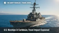 A U.S. Navy destroyer patrols calm Caribbean waters near Venezuela, illustrating security tensions and potential Caribbean travel impact.