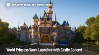 Sleeping Beauty Castle dressed for World Princess Week, banners and stage truss hint at a Disney Princess concert in bright morning light.