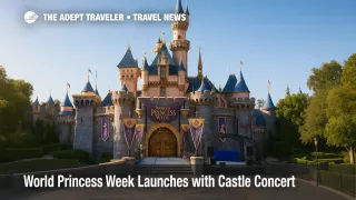 Sleeping Beauty Castle dressed for World Princess Week, banners and stage truss hint at a Disney Princess concert in bright morning light.