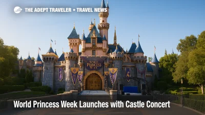 Sleeping Beauty Castle dressed for World Princess Week, banners and stage truss hint at a Disney Princess concert in bright morning light.