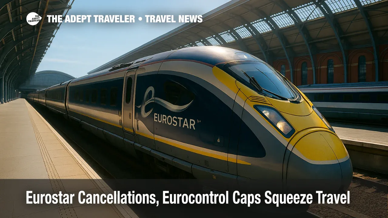 Eurostar e320 at St Pancras as travelers plan buffers during Eurostar cancellations and Eurocontrol arrival regulations across Europe.