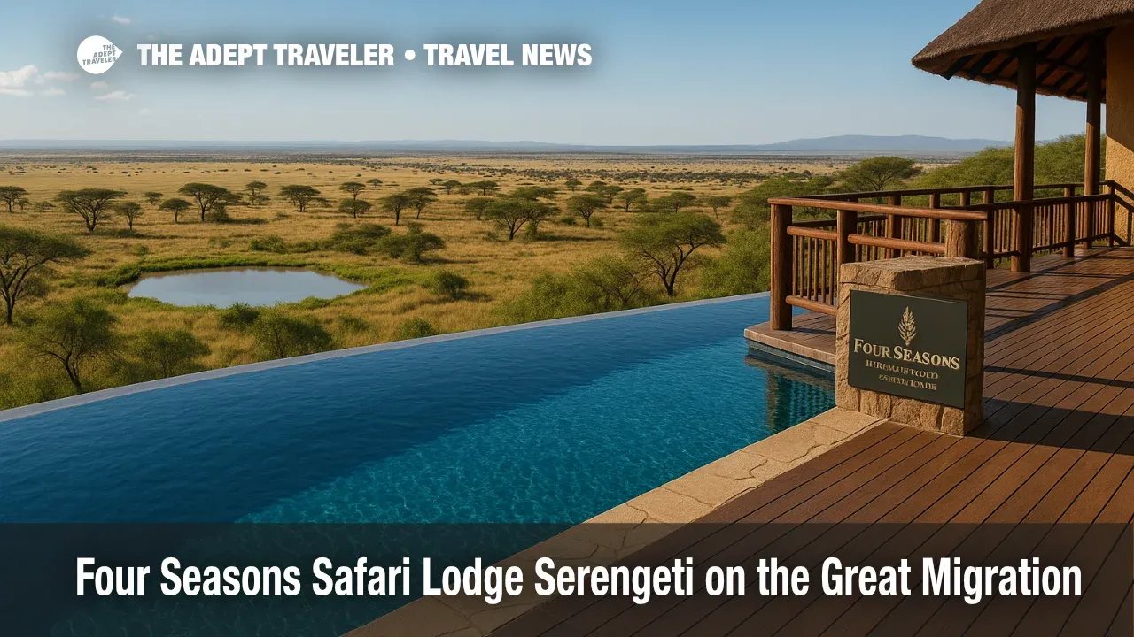 Infinity pool overlooking a watering hole and Serengeti plains, ideal for Great Migration viewing at Four Seasons Safari Lodge Serengeti.