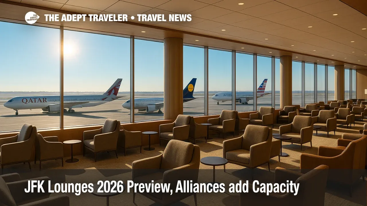 Bright, modern JFK lounges with airfield views preview 2026 upgrades, showing expanded seating, direct-to-gate layout, and new alliance facilities.