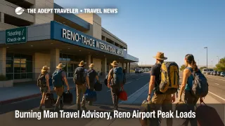 Reno-Tahoe International curbfront bustles with Burning Man travelers, illustrating a travel advisory and airport peak loads during the festival.