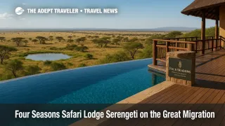 Infinity pool overlooking a watering hole and Serengeti plains, ideal for Great Migration viewing at Four Seasons Safari Lodge Serengeti.