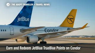 JetBlue and Condor aircraft side by side at JFK, illustrating new ability to earn and redeem JetBlue TrueBlue points on Condor flights.