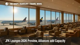 Bright, modern JFK lounges with airfield views preview 2026 upgrades, showing expanded seating, direct-to-gate layout, and new alliance facilities.