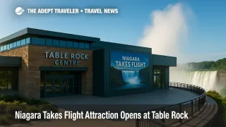 Entrance to Table Rock Centre with Niagara Takes Flight attraction signage and Horseshoe Falls mist, showcasing the new flying theatre experience in Niagara Falls.
