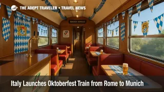 Bavarian-themed dining car on the Rome-Munich sleeper night train, showing tables and draft taps on the Oktoberfest train.