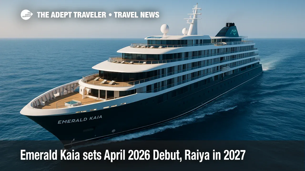 Emerald Kaia debuts April 4, 2026 with an 11-day Cyprus-to-Athens sailing as Scenic Group expands its small-ship luxury fleet; Emerald Raiya follows in 2027.