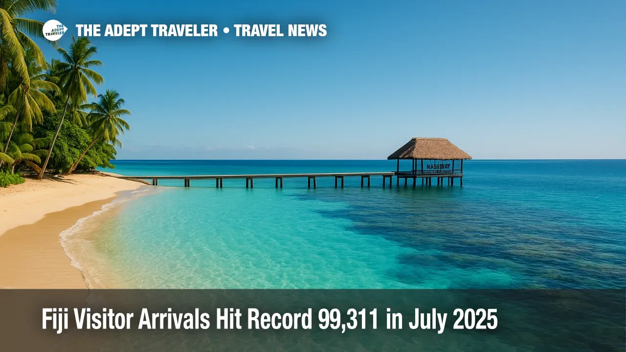 A sunlit Fijian lagoon and reef with a quiet pier, illustrating record Fiji visitor arrivals and strong South Pacific travel demand.