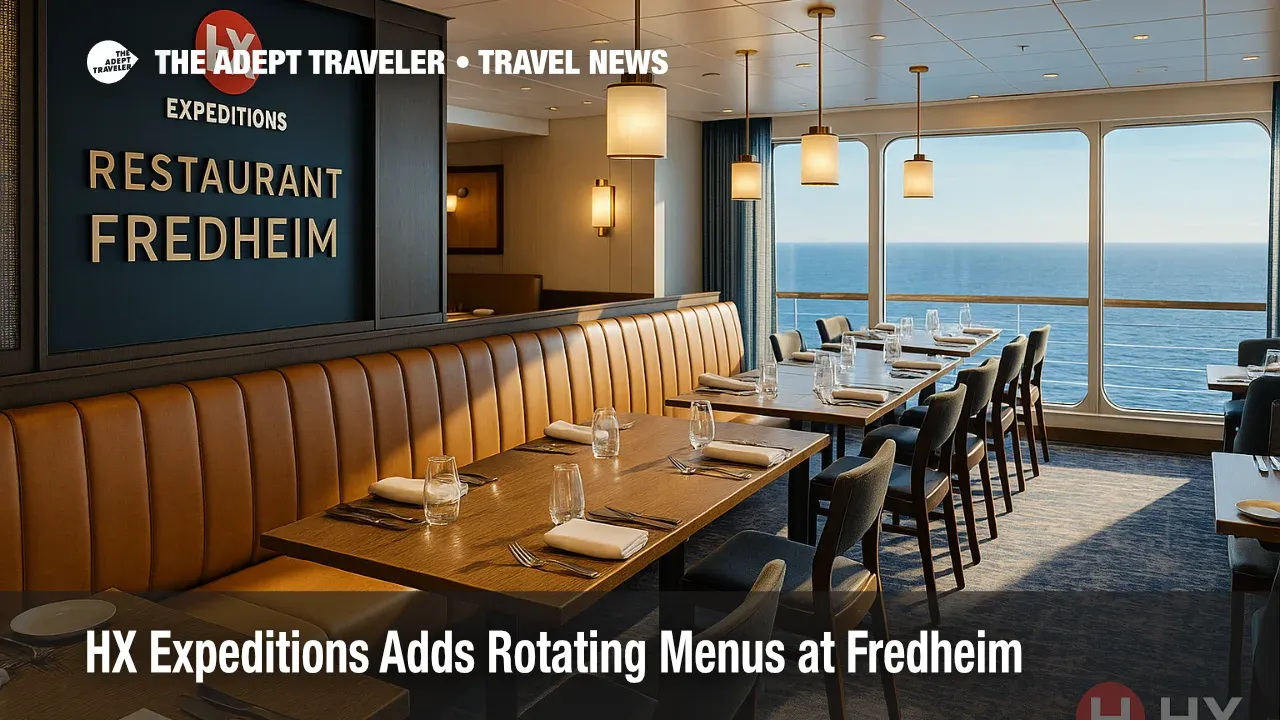 Restaurant Fredheim servers present Filipino and Italian dishes during HX Expeditions' rotating theme menus on MS Fridtjof Nansen, showcasing expedition cruise dining.