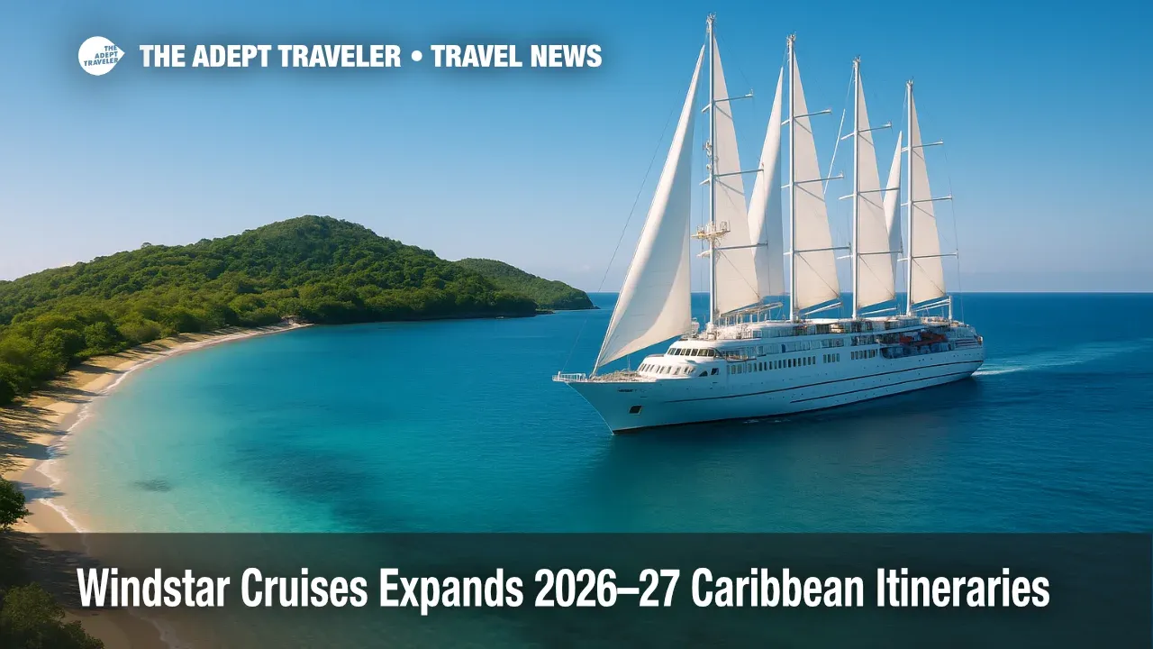 A Windstar sailing yacht glides toward a quiet Caribbean cove, showcasing small-ship access and Windstar Cruises Caribbean itineraries.