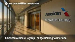 A rendering of the American Airlines Flagship Lounge entrance at CLT with bright concourse lighting, signaling a new premium lounge for Charlotte travelers.