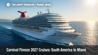 Carnival Firenze sails under clear skies en route to Miami, highlighting Carnival Firenze 2027 cruises with South America and Caribbean calls.