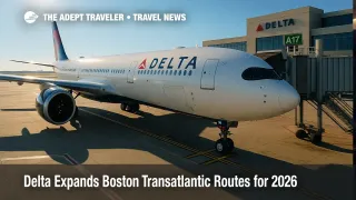 Delta A330-900neo at Boston Logan gate under clear skies highlights Delta Boston transatlantic routes expanding for summer 2026.
