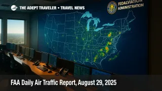 A wide view of the FAA command center wall map illustrating national flows and weather, reinforcing today's FAA daily brief and delay themes.