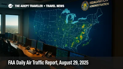 A wide view of the FAA command center wall map illustrating national flows and weather, reinforcing today's FAA daily brief and delay themes.