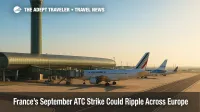 A wide view of Paris Charles de Gaulle control tower and terminal as the French air traffic control strike threatens schedules across Europe.