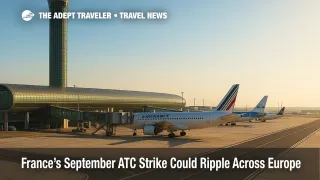 A wide view of Paris Charles de Gaulle control tower and terminal as the French air traffic control strike threatens schedules across Europe.