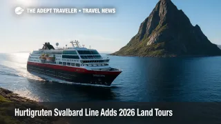 A Hurtigruten ship sails past Træna's cliffs under clear skies, illustrating a Svalbard cruise with Open Village shore experiences and Norway in a Nutshell.