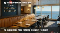 Restaurant Fredheim servers present Filipino and Italian dishes during HX Expeditions' rotating theme menus on MS Fridtjof Nansen, showcasing expedition cruise dining.