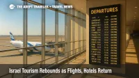 Ben Gurion Airport departures hall with wide-body at gate, illustrating Tel Aviv flights growth amid Israel tourism recovery in late 2025.