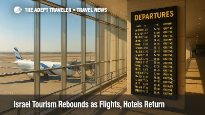 Ben Gurion Airport departures hall with wide-body at gate, illustrating Tel Aviv flights growth amid Israel tourism recovery in late 2025.