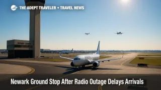 Newark control tower and inbound jets during recovery from a radio frequency outage, illustrating the Newark ground stop and resulting EWR delays.