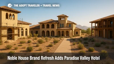 A Noble House brand refresh visual shows a desert luxury hotel concept in Paradise Valley, highlighting the company's expansion strategy.