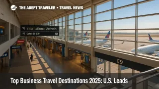 Busy international concourse at a U.S. hub illustrates international business travel trends and top business travel destinations in 2025.